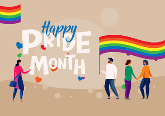 happy pride month, lgbt , people with heart and lgbt flag, banner
