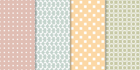 Set of cute minimal geometric texture seamless patterns. Repeating simple geometrical shapes modern background. Graphic trendy abstract wallpaper.