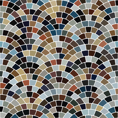 Geometric mosaic with small multicolored square tiles arranged on arches on a white background.  Traditional porphyry design floor. Cobblestone style. Seamless vector illustration.  - obrazy, fototapety, plakaty