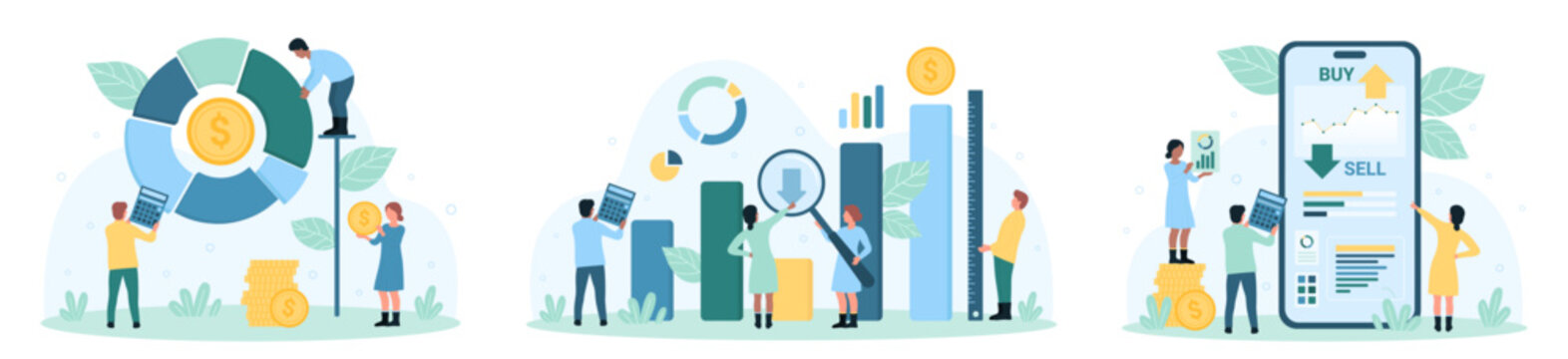 Finance, economic analysis set vector illustration. Cartoon tiny people trade using financial charts and dashboard information in trading platform mobile app, calculate money profit on calculator