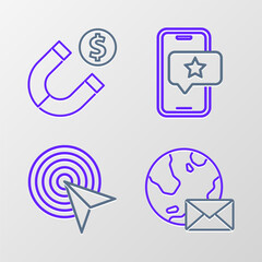 Set line Earth globe with mail, Advertising, Mobile review rating and Magnet money icon. Vector