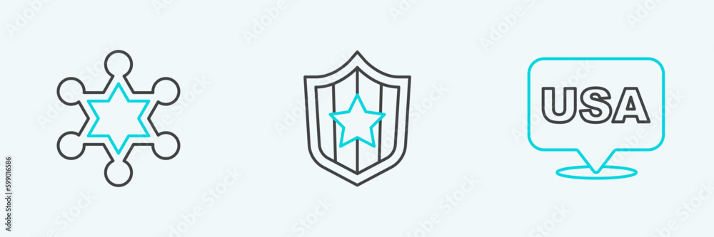 Poster set line usa independence day, hexagram sheriff and shield with stars icon. vector