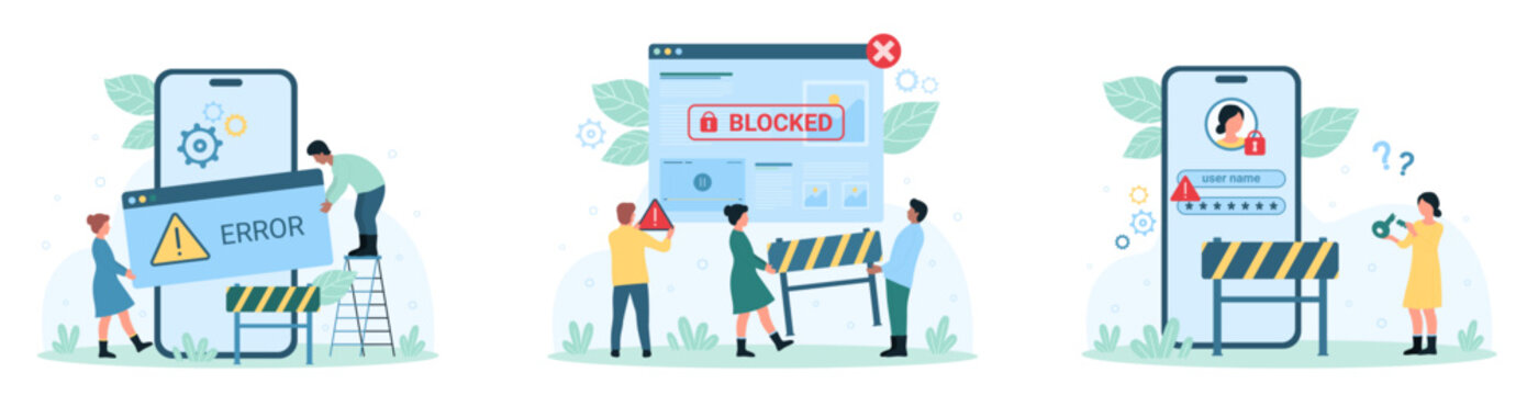 Network error, account block set vector illustration. Cartoon tiny people holding warning message and road barrier near blocked website, broken denied key to access mobile app on phone screen