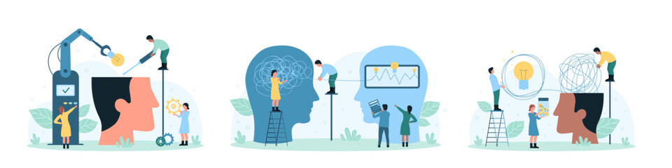 Intellectual creative idea development, analytics set vector illustration. Cartoon tiny people unravel thread with messy knots inside human head, improve skills by installing light bulb in brain