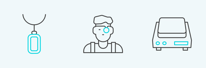 Set line Electronic jewelry scales, Pendant necklace and Jeweler man icon. Vector