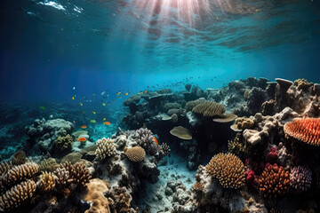 Beautiful Coral Reef Underwater With Fish. Generative AI