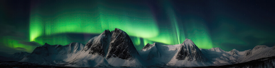 Brilliant Green Aurora Borealis Dancing Over Snowcovered Mountains, Illuminating The Night Sky. Panoramic Banner. Generative AI