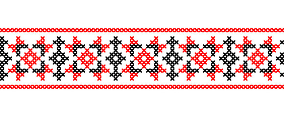 Ukrainian embroidery border pattern in red and black colors. Pixel art, vyshyvanka, cross stitch. Ukrainian folk, ethnic vector border pattern, ornament, print