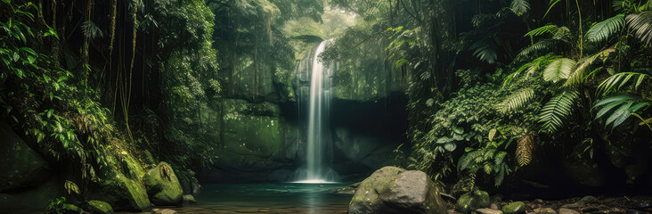 Beautiful Tropical Waterfall. Panoramic Banner. Generative AI - obrazy, fototapety, plakaty