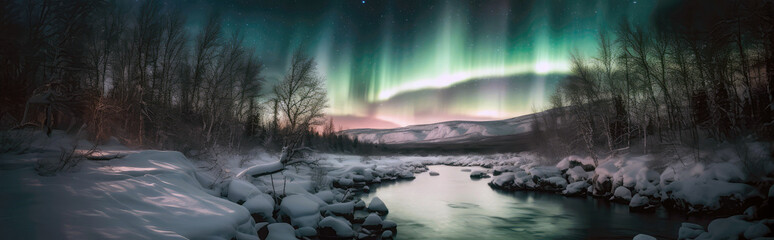 Mesmerizing View Of The Northern Lights Over Snowcovered Landscape With Frozen River And Trees. Panoramic Banner. Generative AI