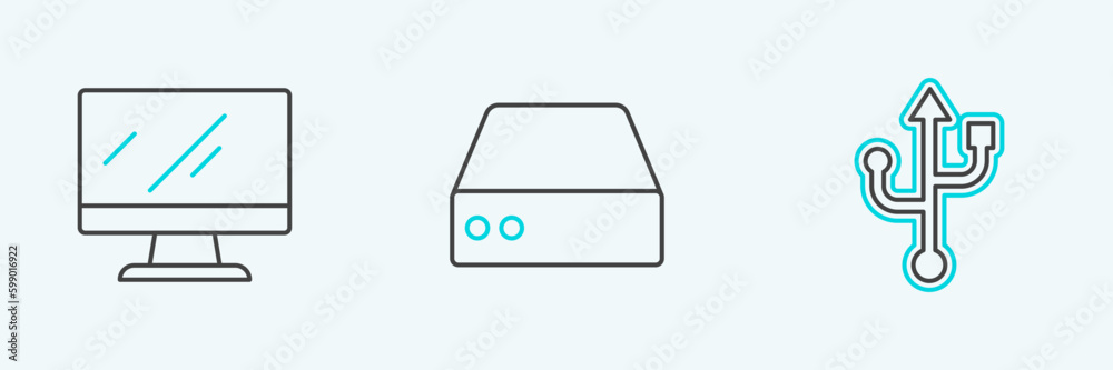 Poster set line usb, computer monitor screen and server, data, web hosting icon. vector