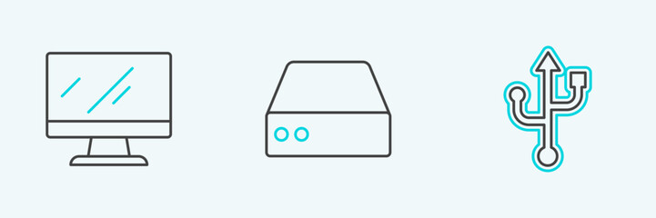 Set line USB, Computer monitor screen and Server, Data, Web Hosting icon. Vector
