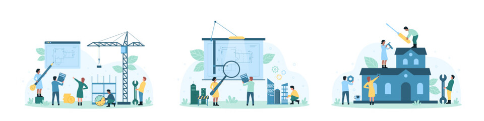 Architects job set set vector illustration. Cartoon tiny people draw blueprint, civil engineers working with pencil, magnifying glass and calculator on building project, construction team at work