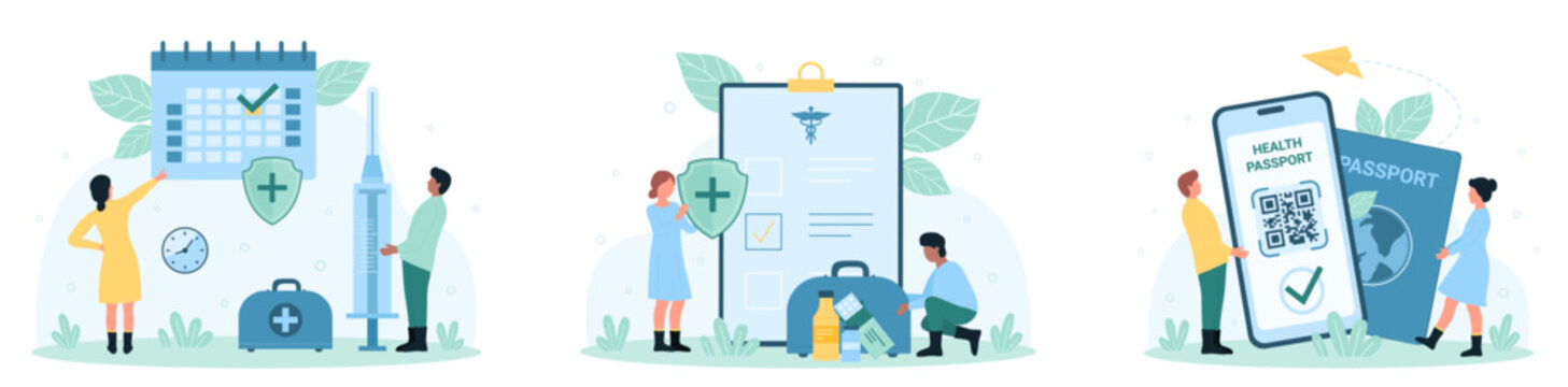 Medical services for patients set vector illustration. Cartoon tiny people holding phone with health passport and QR code of vaccine certificate, health insurance form, vaccine syringe and shield