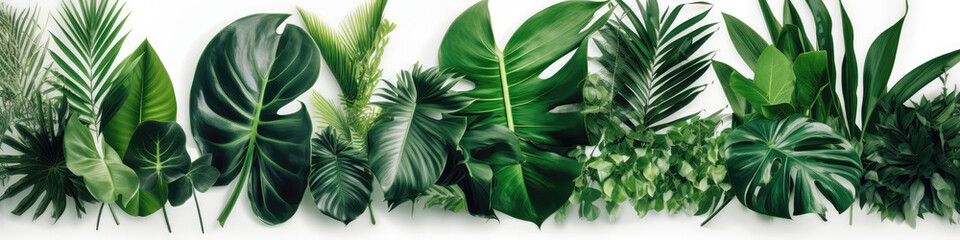 Tropical Green Leaves On White Background. Panoramic Banner. Generative AI