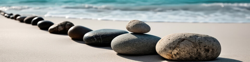 Fototapeta na wymiar Zen Stones Standing On White Sand. Panoramic Banner. Generative AI