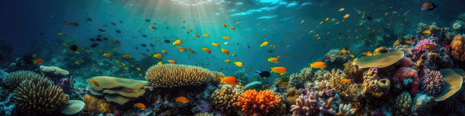 Obraz na płótnie Canvas Colorful Coral Reef With Schools Of Tropical Fish. Panoramic Banner. Generative AI