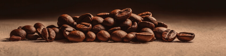 Coffee Beans On Beige Background. Panoramic Banner. Generative AI