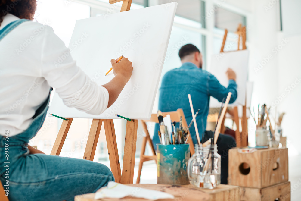 Aufkleber The perfect space to get creative. two unrecognizable artists sitting and sketching on a canvas during a painting session in an art studio.