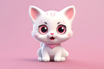 Cute Kawaii cartoon pink-white kitten on a pink background. Generative AI.