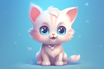 Cute Kawaii cartoon pink-white kitten on a blue background. Generative AI. 