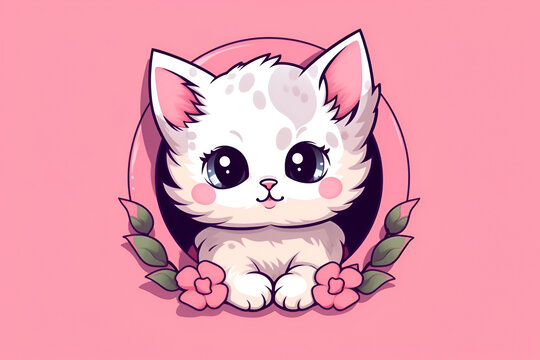 Cute cartoon kitty in a flower frame on a pink background. Generative AI. 