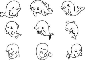Set of Funny Cute Dolphins Vector Line Art