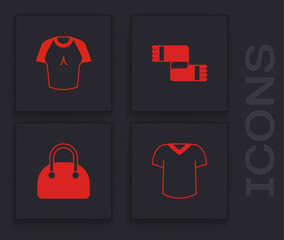 Set T-shirt, Winter scarf and Handbag icon. Vector