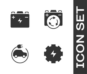 Set Gear and lightning, Car battery, Electric car and Battery with recycle symbol icon. Vector
