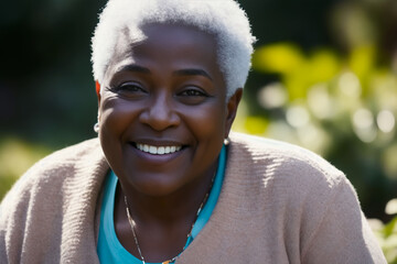 Portrait of the smiling happy senior grandmother with satisfaction on face horticulturist standing in garden. Concept of ecological environment. Generative AI