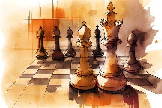 Chess game. Chess king and queen pieces on chess board. Aquarelle, watercolor illustration - generative ai