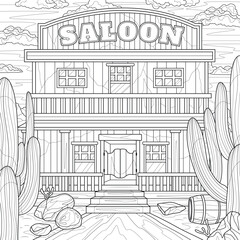 Saloon and cacti. Wild West.Coloring book antistress for children and adults. Illustration isolated on white background.Zen-tangle style. Hand draw