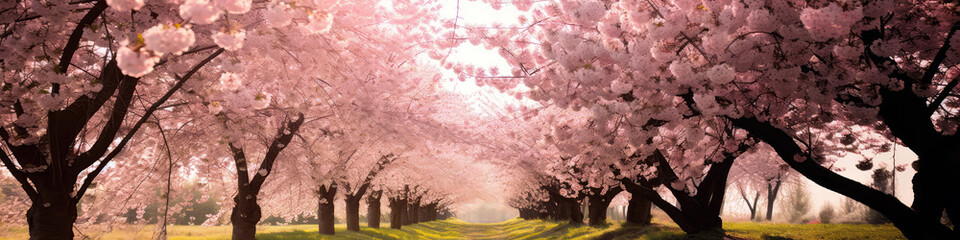 Cherry Blossom Trees In Full Bloom Springtime Floral Scene. Panoramic Banner. Generative AI