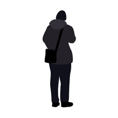 A man walks down the street in winter clothes. 2D image for use as an entourage. Vector flat city infographics.