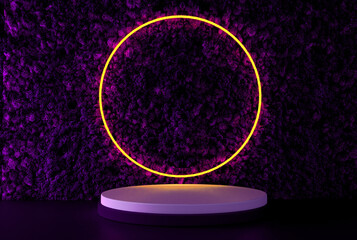 Moss leaves plant wall and neon light template. 3d rendering of orange circle neon light with tropical leaves. 3d cylinder stand podium. Minimal scene. Stage showcase, Mockup product display.