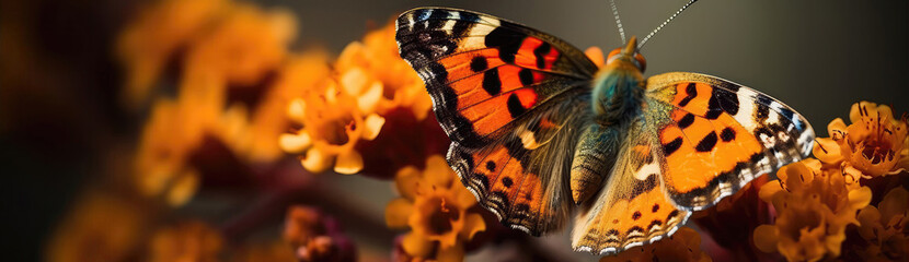 Butterfly On Blooming Flower Spring Insect Closeup. Panoramic Banner. Generative AI