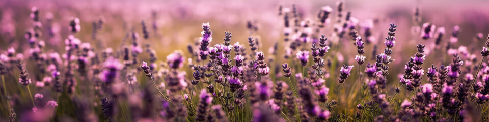 Beautiful Background Of Lavender. Panoramic Banner. Generative AI