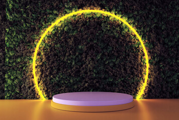 Moss leaves plant wall and neon light template. 3d rendering of green circle neon light with tropical leaves. 3d cylinder stand podium. Minimal scene. Stage showcase, Mockup product display.