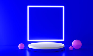 Blue realistic 3d cylinder stand podium with glowing blue neon in square shape. Abstract 3D Rendering geometric forms. Minimal scene. Stage showcase, Mockup product display.