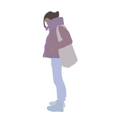 A woman walks down the street in winter clothes. 2D image for use as an entourage. Vector flat city infographics.
