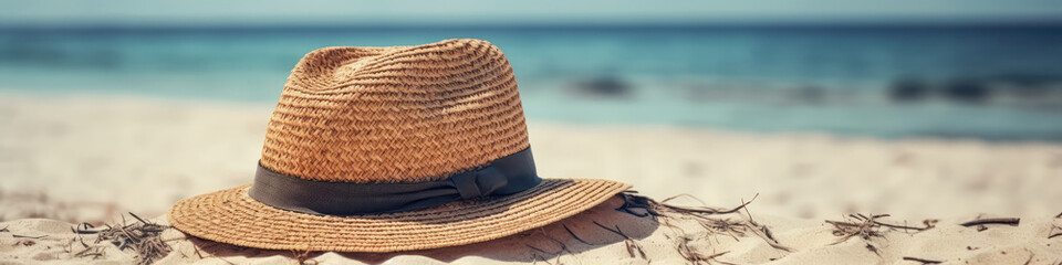 Straw Hat On Tropical Beach Summer Fashion Accessory. Panoramic Banner. Generative AI