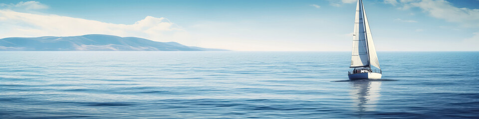 White Sailboat On Calm Blue Sea Summer Sailing Scenery. Panoramic Banner. Generative AI