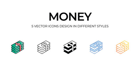 Money Icon Design in Five style with Editable Stroke. Line, Solid, Flat Line, Duo Tone Color, and Color Gradient Line. Suitable for Web Page, Mobile App, UI, UX and GUI design.