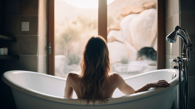 Back View of Stunning Woman Soaking in Peaceful Bath - Generative Ai