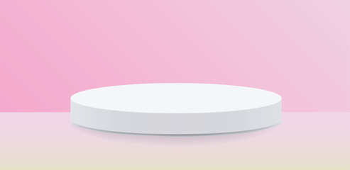 Round white pedestal, product display stand mockup, pink background. 3d vector illustration