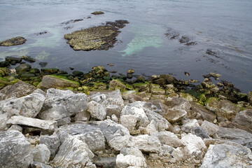 View of cliff at carrick-a-rede Rope bridge site - Giant causeway coastal road - Northern Ireland - UK