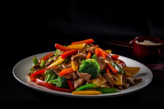 beef stir-fry with slices of tender meat and a colorful mix of vegetables on a plate