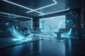 Futuristic room interior with glowing lines. Modern living room, minimalistic style. Created with Generative AI