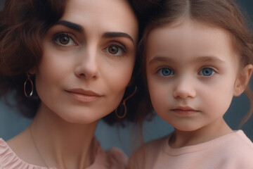 Cheerful woman and young girl looking at camera. Mother and daughter portrait. Good relationship between mom and child in the family. Created with Generative AI