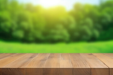 Empty wooden table with blurred natural green background. Wooden planks with space for product design. Created with Generative AI